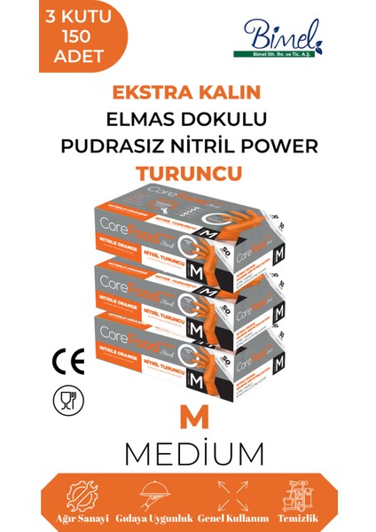 Nitril Turuncu Power Pudrasız Muayene Eldiveni M - 3 Paket 50 Li