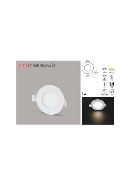 Cata CT-5144-G Panel LED Slim Yuvarlak Spot 3 W 3000K Gun Işığı Beyaz Gövde