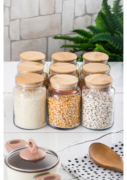 9 Lu Set Bambu Kapaklı Cam Kavanoz & Erzak Saklama Kabı 800 ml Orta Boy ( Vakum Kapak ) modelleri