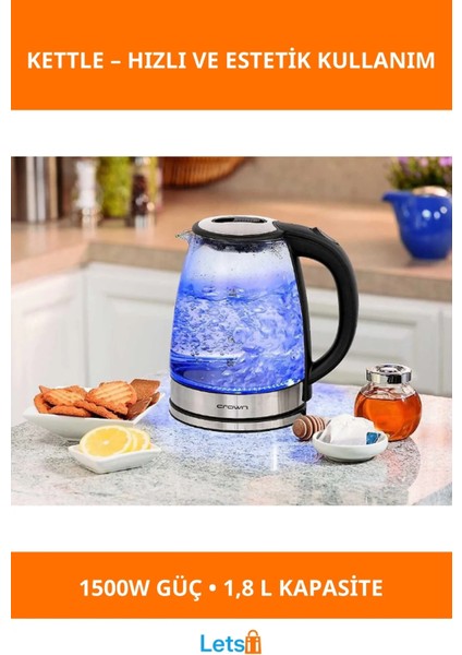 1500W Güçlü Cam Kettle Elektrikli Su Isıtıcı 1.8 Litre