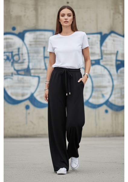 Kadın Siyah Bol Paça Yüksek Bel Bağcıklı Geniş Paça Rahat Kesim Pantolon - Kadın Eşofman Altı