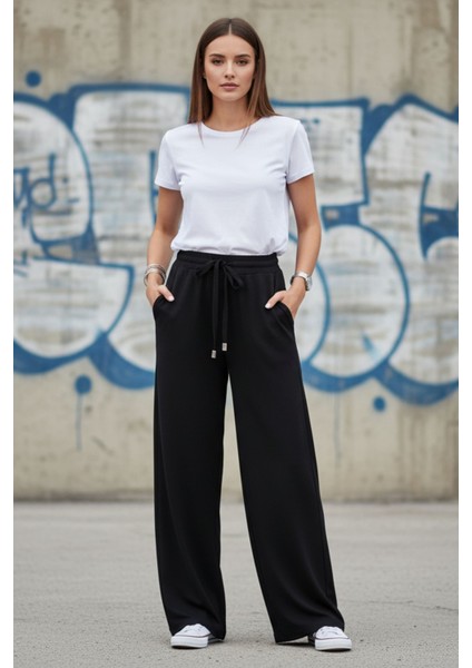 Kadın Siyah Bol Paça Yüksek Bel Bağcıklı Geniş Paça Rahat Kesim Pantolon - Kadın Eşofman Altı fiyatları
