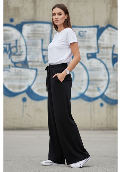 Kadın Siyah Bol Paça Yüksek Bel Bağcıklı Geniş Paça Rahat Kesim Pantolon - Kadın Eşofman Altı modelleri