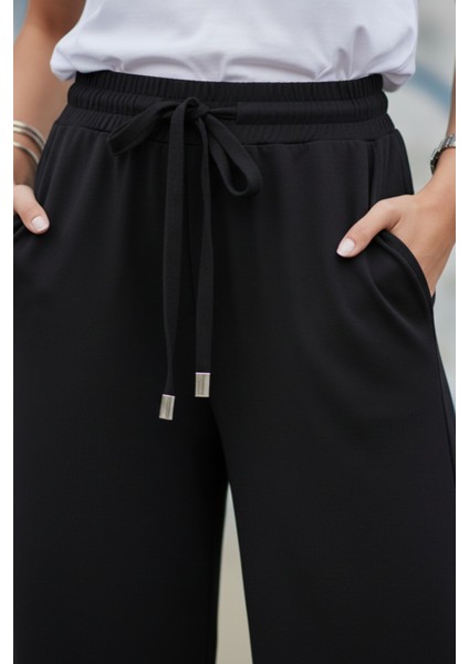 Kadın Siyah Bol Paça Yüksek Bel Bağcıklı Geniş Paça Rahat Kesim Pantolon - Kadın Eşofman Altı fırsatları