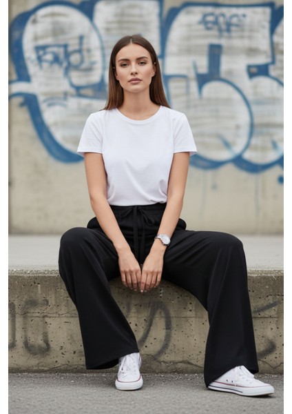 Kadın Siyah Bol Paça Yüksek Bel Bağcıklı Geniş Paça Rahat Kesim Pantolon - Kadın Eşofman Altı indirimleri