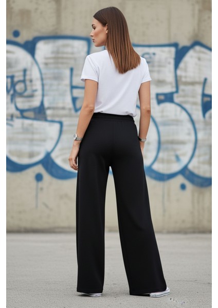 Kadın Siyah Bol Paça Yüksek Bel Bağcıklı Geniş Paça Rahat Kesim Pantolon - Kadın Eşofman Altı