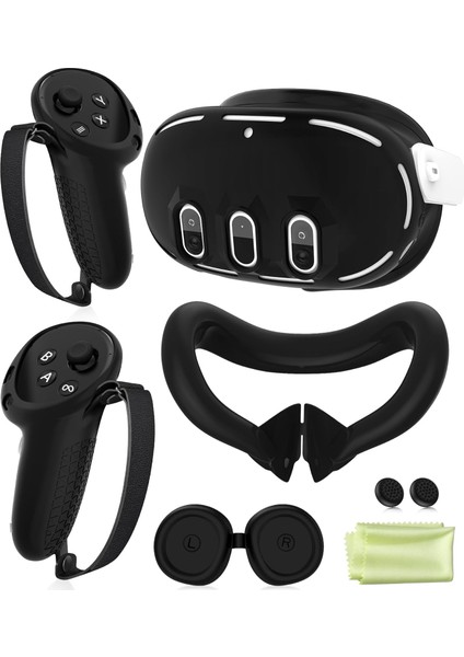 Quest 3 Uyumlu Silikon Koruma Seti – Kumanda Gripleri + Ön Kasa Kapak + Yüz Koruma Aksesuar Seti (Quest 3s Uyumlu Değildir – Siyah)