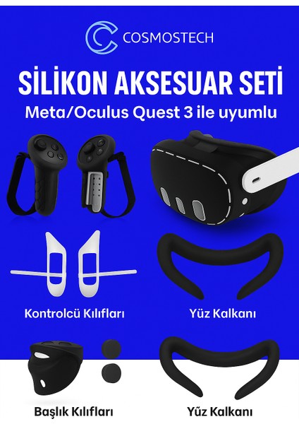 Quest 3 Uyumlu Silikon Koruma Seti – Kumanda Gripleri + Ön Kasa Kapak + Yüz Koruma Aksesuar Seti (Quest 3s Uyumlu Değildir – Siyah) indirimleri