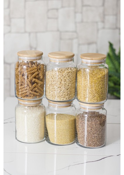 6 Lı Set Bambu Kapaklı Cam Kavanoz & Erzak Saklama Kabı 800 ml Orta Boy ( Vakum Kapak )
