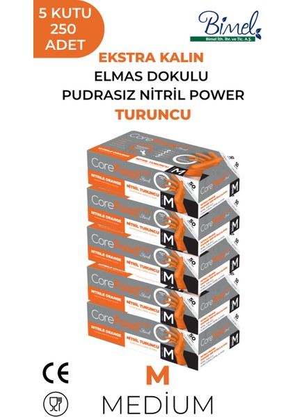 Nitril Turuncu Power Pudrasız Muayene Eldiveni M - 5 Paket 50 Li