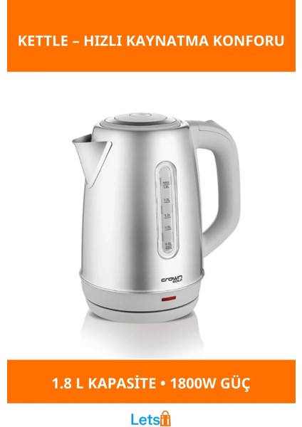 1800W Paslanmaz Çelik Kettle 1.8 Litre Kapasite