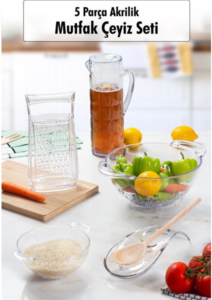 Akrilik Şeffaf 5 Parça Sürahi & Rende & Süzgeç & Mini Süzgeç & Kaşıklık & Mutfak Çeyiz Seti