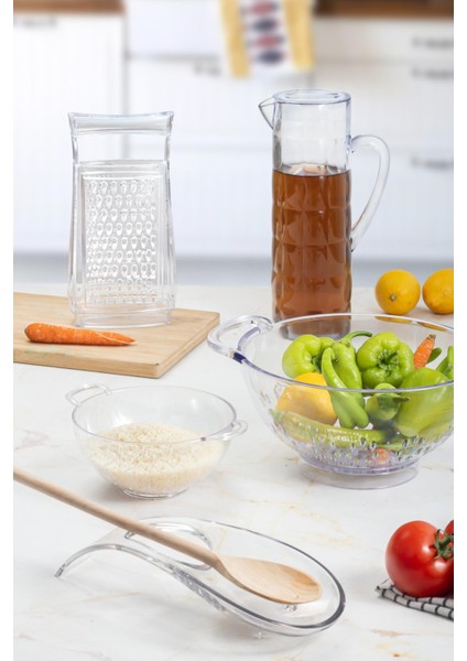 Akrilik Şeffaf 5 Parça Sürahi & Rende & Süzgeç & Mini Süzgeç & Kaşıklık & Mutfak Çeyiz Seti modelleri