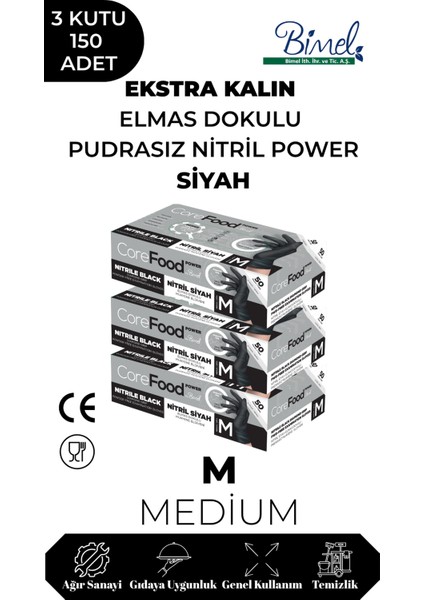 Nitril Siyah Power Muayene Eldiveni M - 3 Paket 50 Li