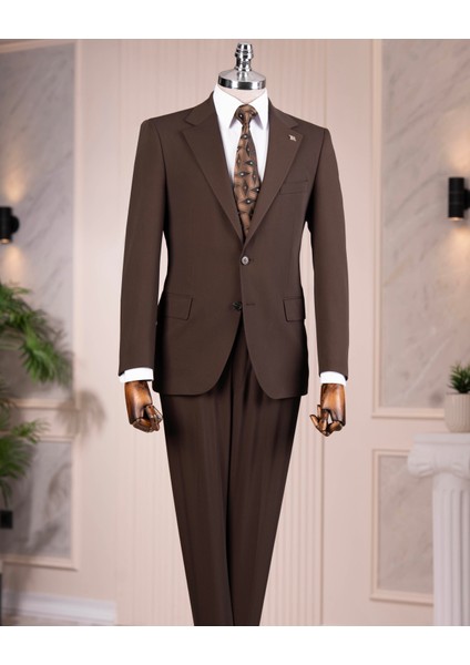 Italyan Stil Slim Fit 4 Drop Ceket Pantolon Takım Elbise Kahverengi T14775