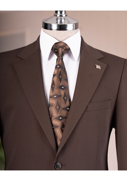 Italyan Stil Slim Fit 4 Drop Ceket Pantolon Takım Elbise Kahverengi T14775 fiyatları