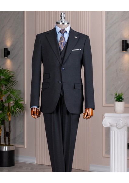 Italyan Stil Slim Fit Mono Yaka Ceket Yelek Pantolon Takım Elbise Lacivert T14752