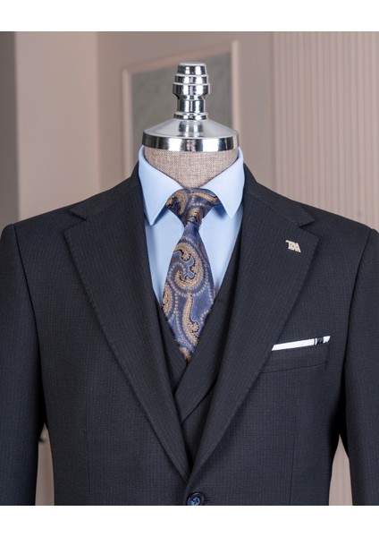Italyan Stil Slim Fit Mono Yaka Ceket Yelek Pantolon Takım Elbise Lacivert T14752 fiyatları