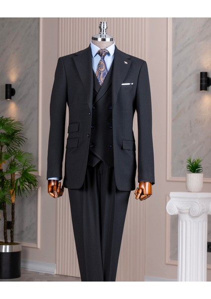 Italyan Stil Slim Fit Mono Yaka Ceket Yelek Pantolon Takım Elbise Lacivert T14752