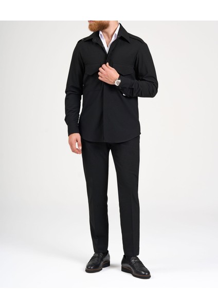 Italyan Stil Slim Fit Cep Detaylı Gömlek Pantolon Takım Elbise Siyah T11966 fiyatları