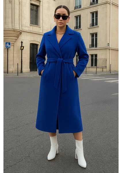 Kadın Kruvaze Salaş Trend Mavi Kaşe Kaban