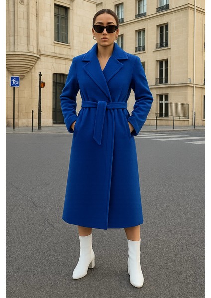 Kadın Kruvaze Salaş Trend Mavi Kaşe Kaban fiyatları