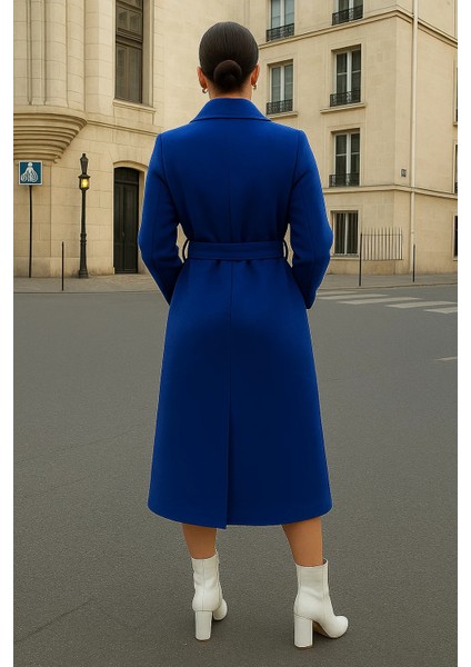 Kadın Kruvaze Salaş Trend Mavi Kaşe Kaban