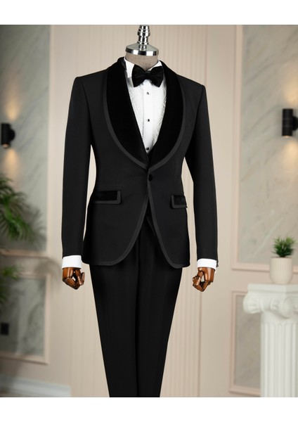 Italyan Stil Slim Fit Kadife Şal Yaka Ceket Yelek Pantolon Damatlık Set Siyah T14890