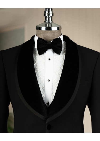 Italyan Stil Slim Fit Kadife Şal Yaka Ceket Yelek Pantolon Damatlık Set Siyah T14890 fiyatları