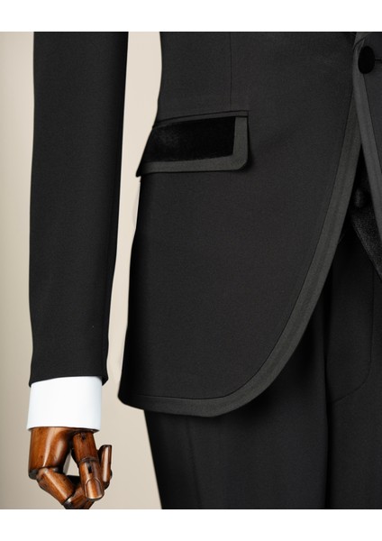 Italyan Stil Slim Fit Kadife Şal Yaka Ceket Yelek Pantolon Damatlık Set Siyah T14890 modelleri
