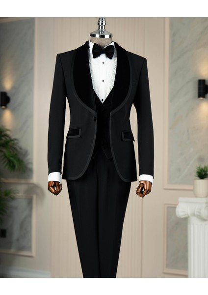 Italyan Stil Slim Fit Kadife Şal Yaka Ceket Yelek Pantolon Damatlık Set Siyah T14890 indirimleri