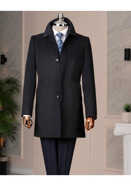 Italyan Stil Klasik Kalıp Yün Karışımlı Kaşe Erkek Kaban Lacivert T14682
