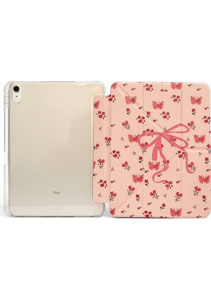 iPad 11 A16 2025 10. Nesil 10.9 Kılıf Pembe Çiçek Kelebek ve Fiyonk Desenli Kalem Bölmeli Şeffaf Arka Akıllı Kapak fiyatları