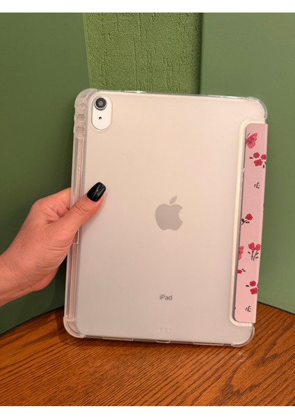 iPad 11 A16 2025 10. Nesil 10.9 Kılıf Pembe Çiçek Kelebek ve Fiyonk Desenli Kalem Bölmeli Şeffaf Arka Akıllı Kapak indirimleri