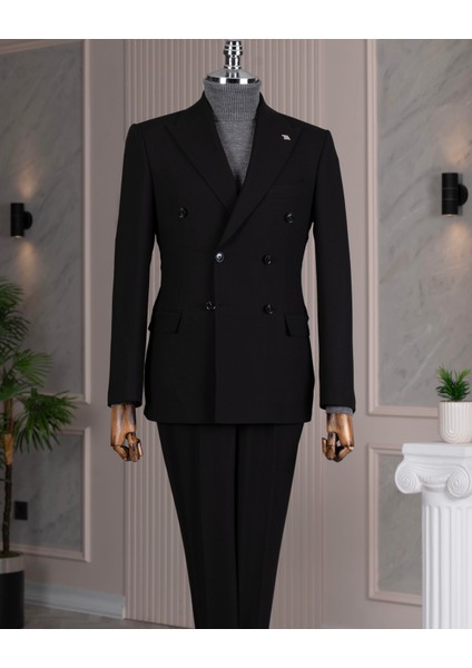Italyan Stil Slim Fit Kruvaze Ceket Pantolon Takım Elbise Siyah T14736