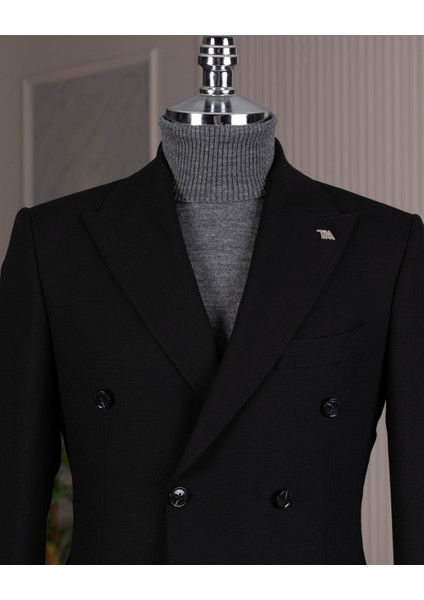 Italyan Stil Slim Fit Kruvaze Ceket Pantolon Takım Elbise Siyah T14736 fiyatları