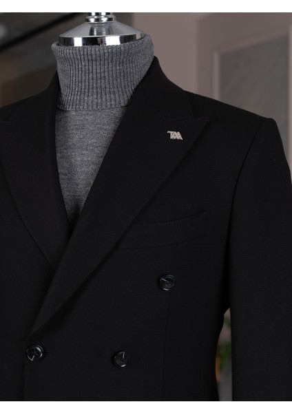 Italyan Stil Slim Fit Kruvaze Ceket Pantolon Takım Elbise Siyah T14736 modelleri