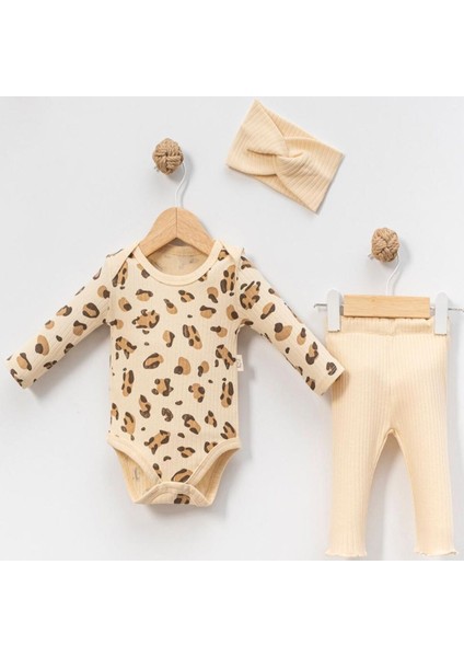 Leopar Desenli Bandanalı 3’lü Kız Bebek Takımı – Badi + Tayt + Saç Bandı – 3-6-912 Ay 3-6 Ay