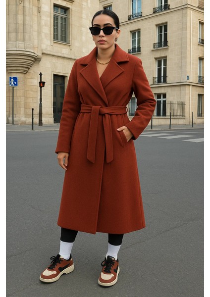 Kadın Kruvaze Salaş Trend Kiremit Kaşe Kaban