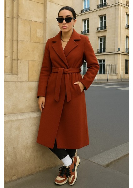 Kadın Kruvaze Salaş Trend Kiremit Kaşe Kaban modelleri