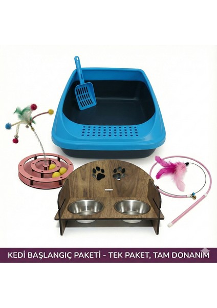 4'lü Kedi Başlangıç Seti: [renk] Kedi Tuvaleti, Ahşap Çelik Mama Kabı ve 2'li Oyuncak Paketi