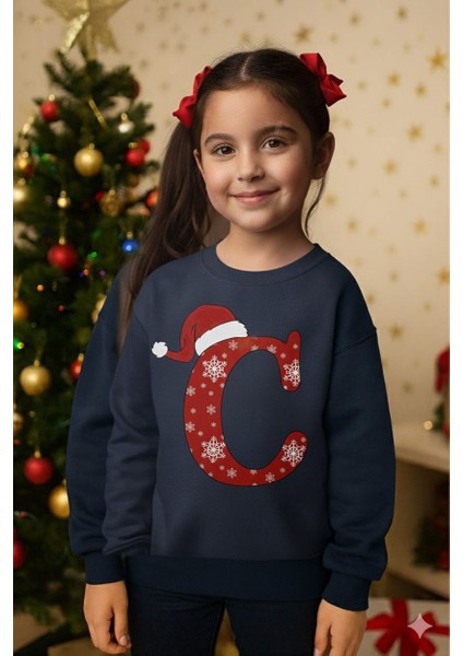C Harfli Yilbasi Temali Unisex Sweatshirt Cocuk