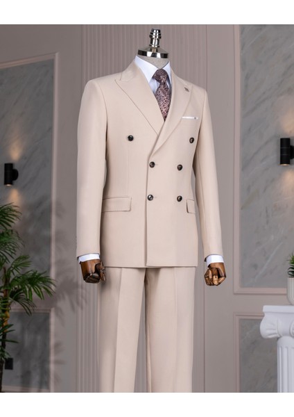 Italyan Stil Kruvaze Ceket Pantolon Takım Elbise Bej T14082