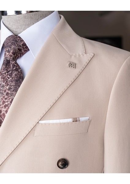 Italyan Stil Kruvaze Ceket Pantolon Takım Elbise Bej T14082 modelleri