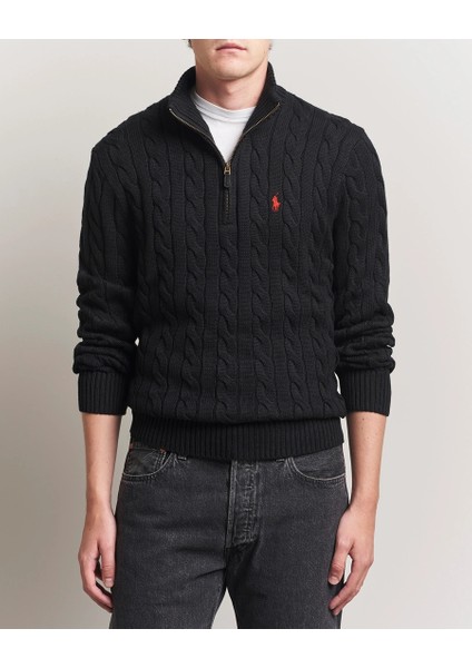 Erkek Örgü Dokulu Siyah Yarım Fermuar Triko Kazak