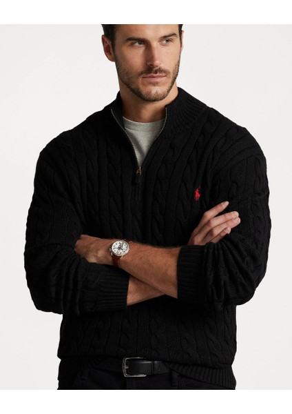 Erkek Örgü Dokulu Siyah Yarım Fermuar Triko Kazak indirimleri