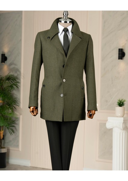 Italyan Stil Slim Fit Kaşe Yan Cep Erkek Kaban Haki T15054