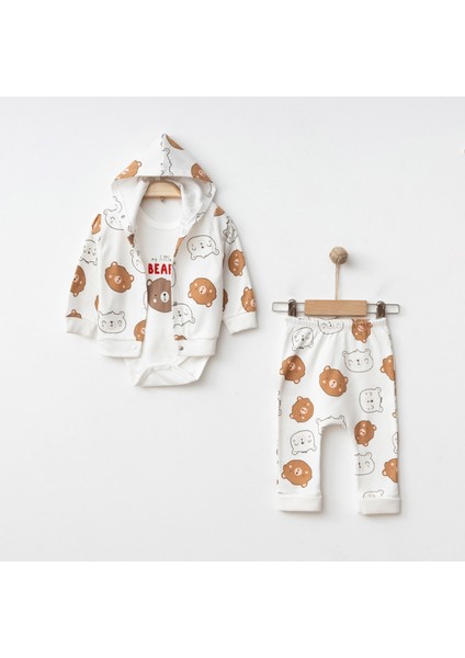 Ayı Desenli 3’lü Kapüşonlu Bebek Takım – Badi + Kapüşonlu Üst + Pantolon – 0-3 – 3-6 – 6-9 Ay 3-6 Ay