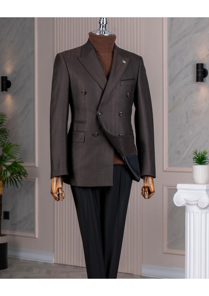 Italyan Stil Slim Fit Kruvaze Ceket Pantolon Kombin Takım Elbise Kahverengi 14662