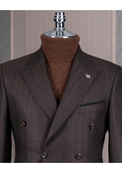 Italyan Stil Slim Fit Kruvaze Ceket Pantolon Kombin Takım Elbise Kahverengi 14662 modelleri